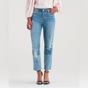 7 for All Mankind Edie With Patches Distressed Cropped Denim Blue Jeans Size 28